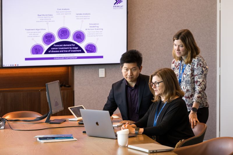 Three people looking at presentation on computer screen